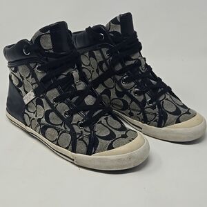 Coach Womens Black Canvas Leather Trim Printed High Top Sneakers.